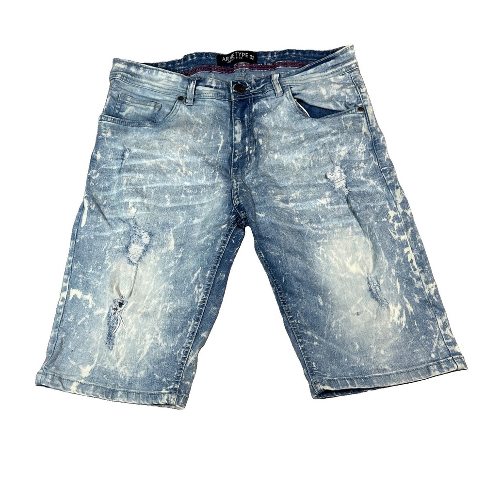 Arketype Men's Distressed Denim Shorts Light Wash Blue Size 32
